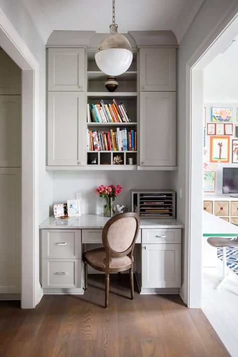 Command center Study Nook In Kitchen Work Stations, Built In Office Nook In Kitchen, Kitchen Cabinets Office Desk Areas, Desk With Cabinets Above, Office Area In Kitchen, Kitchen Office Nook Built In Desk, Built In Pantry Cabinet Wall With Desk, Kitchen Desk Organization, Kitchen Office Nook