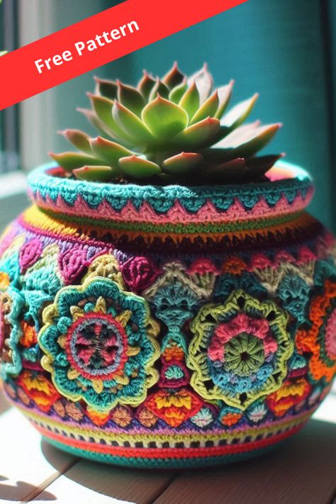 Creating a colorful crochet flower pot cover requires basic crochet skills and some creativity in color selection. Knit Plant Pot Cover, Crochet Flower Pot Cover, Crochet Pot Cover, Crochet Flower Pots Free Pattern, Crochet Plant Pot Cover, Crochet Planter Cover, Crochet Flower Pot, Crochet Planter, Planter Cover