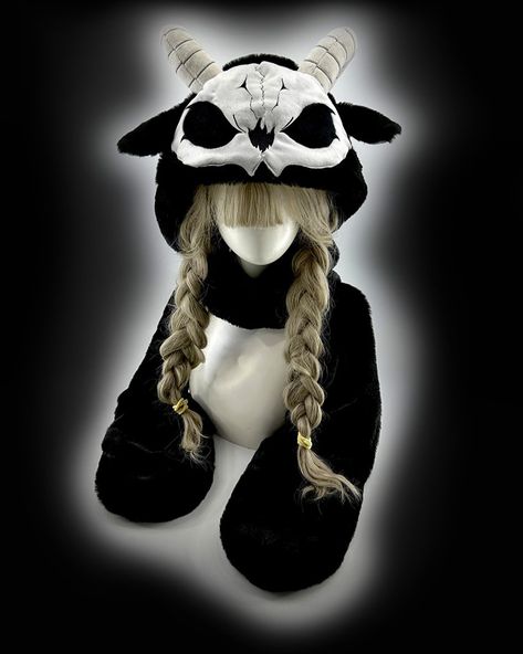 🖤 Black Grim Reaper 🖤🤍 & Red Devil 😈 design hat, gloves, scarf all-in-ones, backpacks, and plushies! 🔥 On hot sale now: https://www.devilinspired.com/virtual-alice #gothicstyle #gothicfashion Goat Hat, Goat Horns, Steampunk Fashion Male, Black And White Scarf, White Scarf, Steampunk Accessories, Plush Backpack, White Scarves, Gothic Steampunk