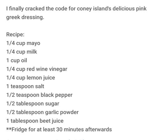 Coney Island pink greek dressing Creamy Pink Greek Salad Dressing, Pink Greek Dressing, Pink Greek Dressing Recipe, Pink Greek Salad Dressing Recipe, Pink Greek Salad Dressing, Greek Dressing Recipe, Homemade Thousand Island, Recipes No Meat, Homemade Thousand Island Dressing