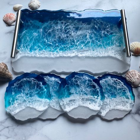 Ocean art, ocean tray , ocean coasters , gift set , resin art , blue tray Risen Art, Photo Resin, Seni Resin, Tiny Shells, Epoxy Projects, Shells And Sand, Silver Handles, Wedding Bouquet Preservation, Dark Water