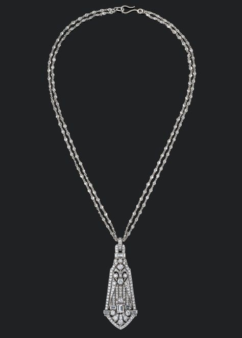 An Art Deco diamond necklace, 1920s Platinum Necklace, Step Cut, Baguette Diamonds, Art Deco Necklace, Japanese Painting, Art Deco Diamond, Hook Clasp, Design Set, Baguette Diamond