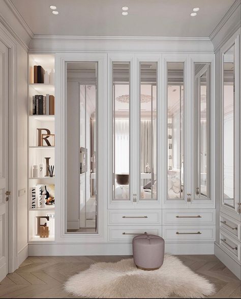 Classy Cupboard Designs, Walkin Closet With Window, Neoclassical Closet, Neoclassical Wardrobe, White Wardrobe Bedroom, White Closet, Walking Closet, Dream Closet Design, Modern Cupboard Design