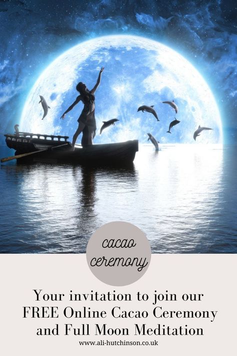 Join our Soul Tribe Circle for a FREE online Cacao Ceremony and Meditation with Sound on Wednesday 7 Sept 8.30 – 9.30pm (BST) as we celebrate the Pisces Full Moon. Come and enjoy this special connection with Ali Hutchinson, Cacao Carrier and Gut Health Coach as she guides us through an intuitive journey with ceremonial grade cacao for a heart opening ceremony that celebrates the full moon. Pisces Full Moon, Full Moon Meditation, Cacao Ceremony, Ceremonial Cacao, Soul Tribe, Heart Opening, Love Moon, The Full Moon, September 2022