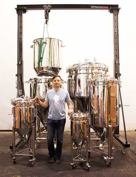 The 5 sizes (30L/8gal to 720L/190gal) of fermenter for the new Microbrewery BIACs. (The Mash Colander for the 3BBL BIAC is shown hanging from the hoist.) Moonshine Still Kits, Beer Machine, Distilling Equipment, Brewery Equipment, Beer Brewing Equipment, Beer Guide, Home Brewing Equipment, Moonshine Still, Brewery Design