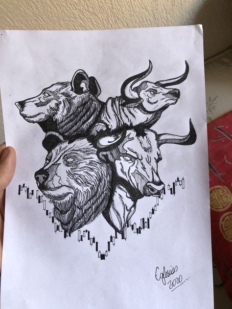 Tattoo Draw - Bear Bull Trader Bear And Bull Tattoo, Trader Tattoo Ideas, Bull Bear Tattoo, Stock Market Tattoo Ideas, Forex Tattoo Ideas, Trading Tattoo Ideas, Bull And Bear Tattoo, Forex Tattoo, Trader Tattoo