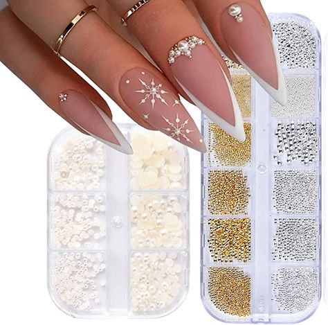 Amazon.com: 2 Boxes Nail Art Pearls Flatback Pearl - Gold Silver Nail Art Caviar Beads 3D Steel Metal Nail Charms Half Round Pearl Rhinestone Luxurious Design Nail Decoration DIY Crafts Jewelry Manicure Accessory : Beauty & Personal Care Nail Art Pearls, Silver Nail Art, Gold Nail Art, Silver Nail, Pointed Nails, Vibrant Nails, Uv Gel Nail Polish, Shiny Nails, Pearl Nails