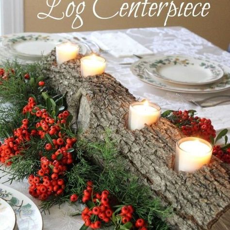 rustic log center piece  hometalk.com Solstice Traditions, Log Centerpieces, Christmas Table Decorations Centerpiece, Log Candles, Rustic Candle Holders, Christmas Tablescape, Rustic Candles, Christmas Decorations Rustic, Christmas Table Settings