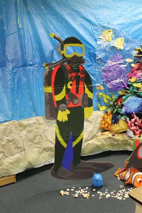 Take students picture behind scuba diver Scuba Diver Bulletin Board, Scuba Party Theme, Scuba Diving Decorations, Scuba Vbs Trunk Or Treat, Group Vbs 2024 Scuba, Vbs Scuba Decor, Scuba Decorations, Scuba Vbs Decorations, Scuba Diver Craft