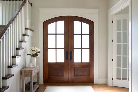 Glass Front Entry Doors, Arched Front Door, Wood Front Entry Doors, Double Door Entryway, Entry Door Hardware, Solid Wood Front Door, Entry Doors With Glass, Walnut Doors, Wood Entry Doors