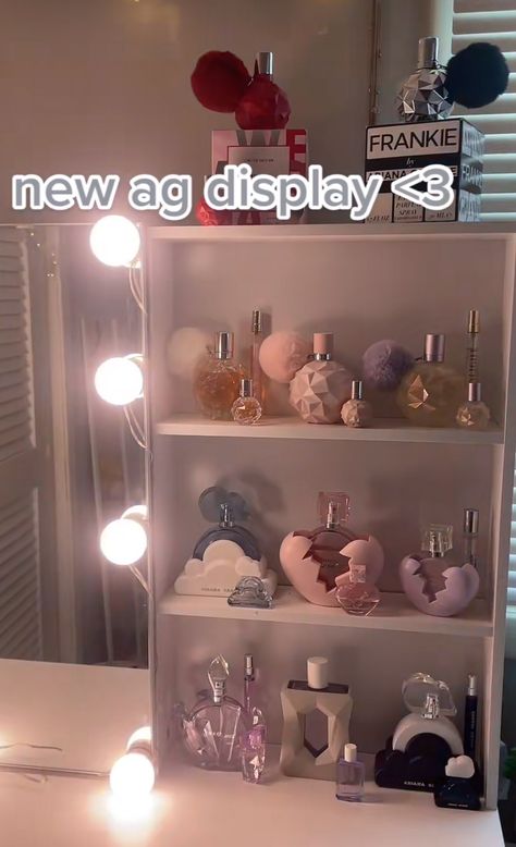 Ariana Grande Room Decor, Perfume Display Ideas, Lotion Organization, Ariana Merch, Ariana Perfume, Candle Organization, Ariana Grande Images, Ariana Grande Perfume, Perfume Display