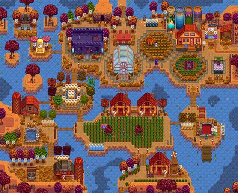 Stardew Valley Farm Layout Riverlands, Farm Layouts, Stardew Farms, Stardew Valley Layout, Stardew Valley Tips, Valley River, Stardew Valley Farms, Cozy Gaming, Farm Layout