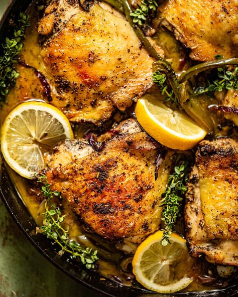 Easy Cast Iron Skillet Chicken Thighs - Britney Breaks Bread Cast Iron Skillet Chicken Thighs, Iron Skillet Chicken, Skillet Chicken Thighs, Juicy Chicken Thighs, Easy Skillet Chicken, Braised Chicken Thighs, Delicious Chicken Salad, Chicken Thighs Recipe, Thighs Recipe