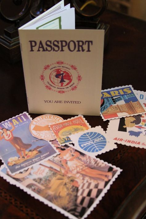 party invitation that looks like a passport.  especially love the vintage travel ads and airline stickers! This is what Daisy wants her party to be and it has AWESOME ideas! Around The World Theme, International Party, Prom Themes, Travel Party Theme, Prom Theme, Around The World In 80 Days, World Party, Travel Party, Travel Themes