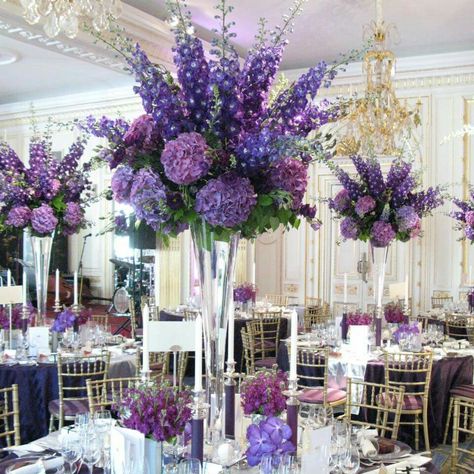 Centrepiece Purple Flower Centerpieces, Hotel Flower Arrangements, Purple Wedding Centerpieces, Purple Centerpieces, Hotel Flowers, Purple Table, 20 Wedding Anniversary, Tall Wedding Centerpieces, Purple Wedding Theme