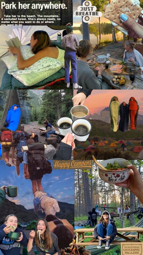 Hiking Mood Board, Camping Mood Board, Camping Collage, Mori Aesthetic, Summer Hiking Aesthetic, Camping Inspo, Summer Camp Aesthetic, Cute Camping, Travel Fits