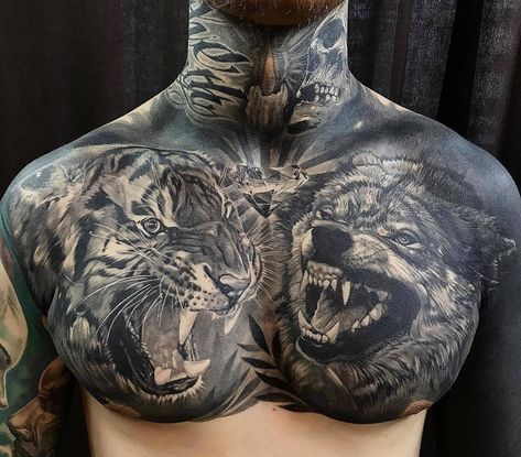 Full Chest Tattoos, Skull Sleeve Tattoos, Ring Finger Tattoos, Cool Chest Tattoos, Neck Tattoo For Guys, Chest Piece Tattoos, Chest Tattoo Men, Celtic Tattoos, Wolf Tattoos