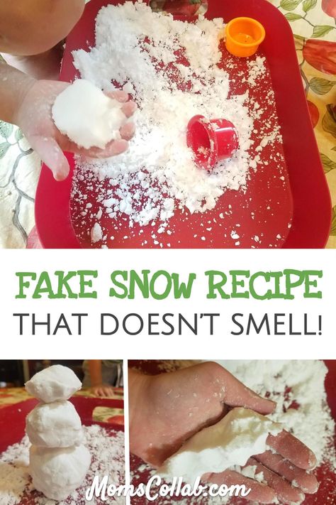 fake snow recipe - how to make fun easy pretend snow for kids using baking soda. This unscented indoor snow for children is perfect for any season. #fakesnow #snowrecipe #kidsactivities #diykids #diyfakesnow #funactivities #indooractivities Edible Fake Snow, Making Fake Snow, Fake Snow Recipe, Pretend Snow, Chanukah Crafts, Christmas Shelves, Sensory Snow, Indoor Snow, Snow Recipe