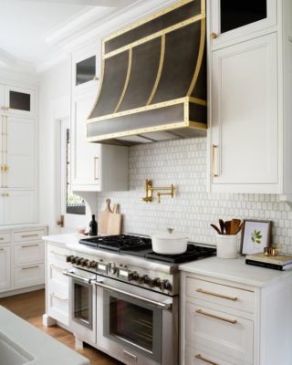 I Want A Mora Clock - So Much Better With Age White And Gold Range Hood, Thermador Range, French Range, Stove Design, Lake Kitchen, Range Design, Wood Range Hood, White Shaker Kitchen, European Decor