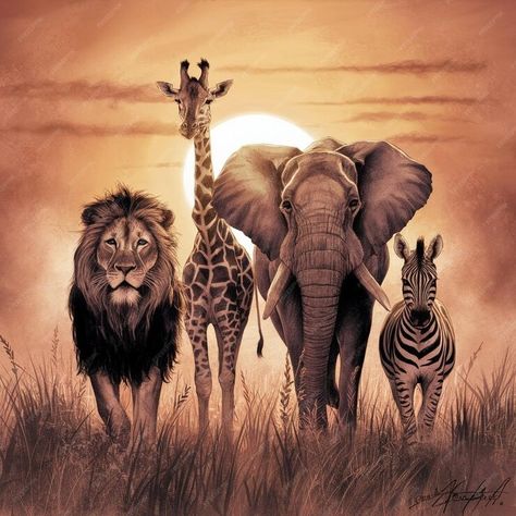 Big 5 Animals Drawings, Animals Together Drawing, Big 5 Animals, Together Drawing, Elephant Painting Canvas, Animals Together, African Chic, Drawing Sticker, Deco Wallpaper