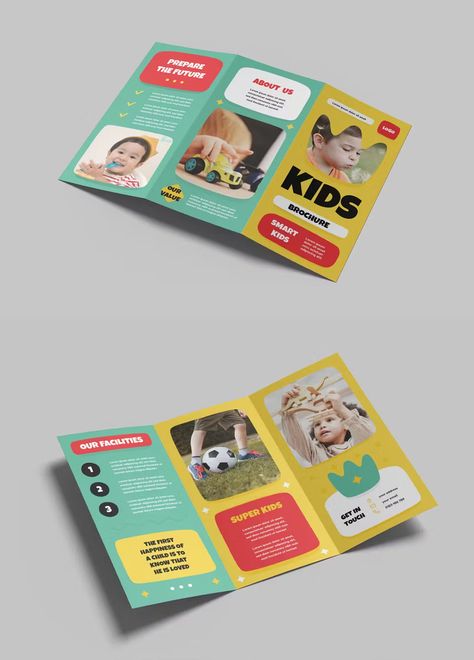 Kids Trifold Brochure Template AI, INDD Kindergarten Brochure, Brochure Design Layouts, School Flyer, Design Layouts, Trifold Brochure Template, Trifold Brochure, Graphic Design Fun, Smart Kids, Brochure Design Template