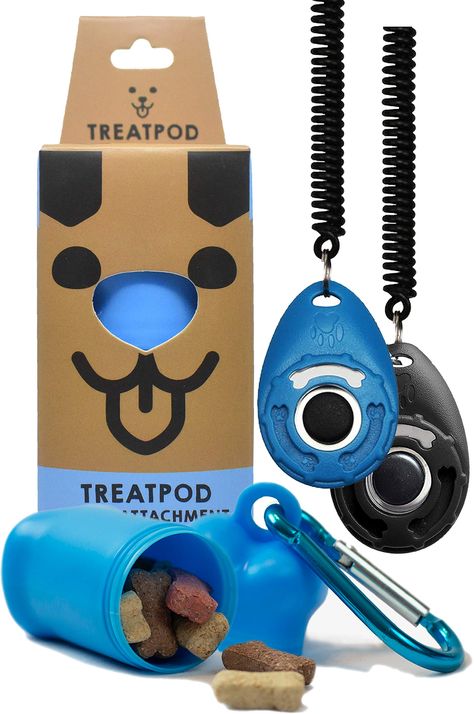 TREATPOD Leash Treat Holder and Training Clickers (Blue/Black) - Portable Container and Clickers with Wrist Straps Training B Dog Clicker Training, Dog Treat Pouch, Treat Pouch, Poop Bag Holder, Treat Holder, Pet Training, New Post, Dog Treats, Wrist Strap