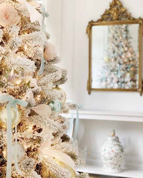 A less is more approach in an elegant transitional grandmillennial home that is being remodeled one space at a time. Marie Antoinette Christmas Tree, Marie Antoinette Christmas, Parisian Christmas Decor, Cozy Christmas Living Room Decor, Parisian Christmas, Grandmillennial Home, Christmas Chandelier, Cozy Christmas Living Room, Chinoiserie Christmas