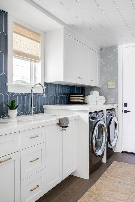 Transitional Laundry Room, Blue Laundry Rooms, Faux Brick Panels, White Laundry Rooms, White Laundry, White Shaker Cabinets, Laundry Room Cabinets, Laundry Room Remodel, Small Laundry Rooms