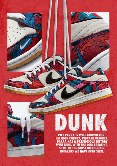 Parra Dunk, Graphic Design Shoes, Poster Nike, Street Wear Poster Design, Nike Shoe Poster, Poster Nike Vintage, Clothing Poster Design, Shoe Poster Design, Nike Posters