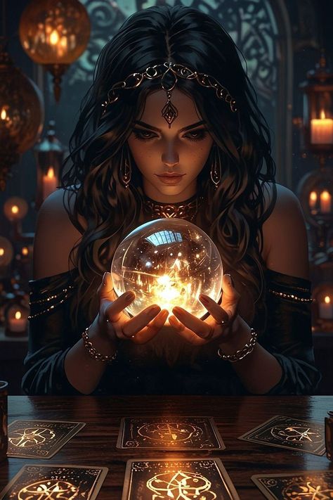 Clairvoyant Signs, Ascended Masters Oracle Cards, Witch Crystal Ball, Long Hair Brown, Straight Long Hair, Magic Realms, Dark Table, Magical Crystal, Magical Women