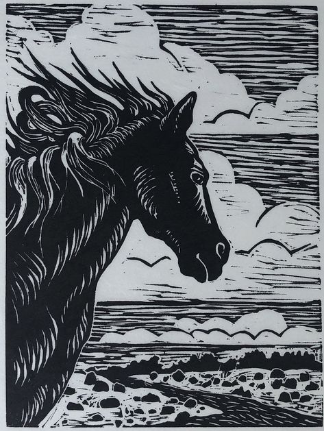 Horse Lino Print, Linocut Horse, Lino Art Ideas, Lino Cut Art, Lino Cut Prints, Wind Runner, Woodcut Printing, Horse Running, Linear Art