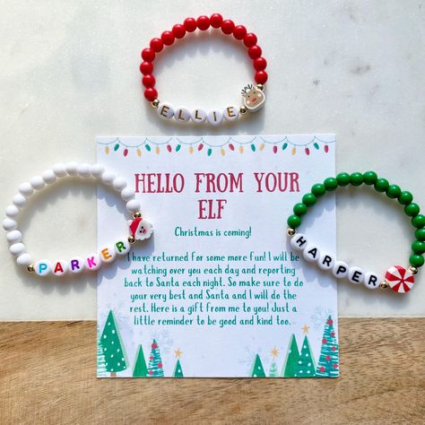 ✨🎄"Hello from your Elf" 🎄✨ Let's help welcome Elf back with these sweet personalized bracelets for your child from Elf! ✨🎁 Your purchase includes:  ✨one personalized bracelet  ✨one letter from Elf   Bracelet sizing:  When in doubt, go with measurements and not the age range for your child's bracelet size. These are simply estimates based on average wrist sizes. ✨Need it ASAP? ✨Add "Rush Order Fee" listing to your cart to expedite your production time for your item(s) and jump to the front of Elf Ideas Easy Funny, Elf Welcome Back, Elf On The Shelves, Letter From Elf, Welcome Back Elf, Elf Welcome, Elf Arrival Letter, Letters Bracelet, Elf Ideas Easy