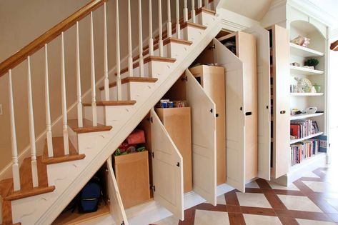 Custom Under Stair Storage Cabinets Open Under Basement Stairs, Staircase Interior, Under Stairs Storage Solutions, Space Under Stairs, Closet Under Stairs, Basement Stairs Ideas, Stair Shelves, Diy Staircase, Staircase Storage