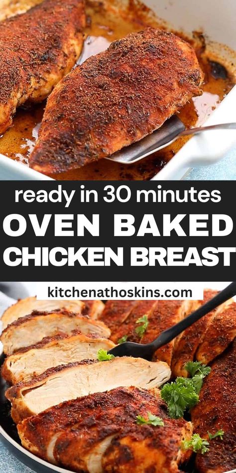 Blackened Chicken Breasts guarantee juicy and incredibly flavorful chicken with minimal prep! Ready in under 30 minutes, it is made using a flavorful blend of pantry spices that yield big flavors - Bake in the oven or air fry! Juicy Oven Baked Chicken Breast, Juicy Oven Baked Chicken, Oven Baked Chicken Breast, Bbq Pulled Chicken Sandwiches, Chicken Breast Oven, Baked Chicken Breasts, Pulled Chicken Sandwiches, Baked Chicken Recipes Easy, Oven Baked Chicken Breasts