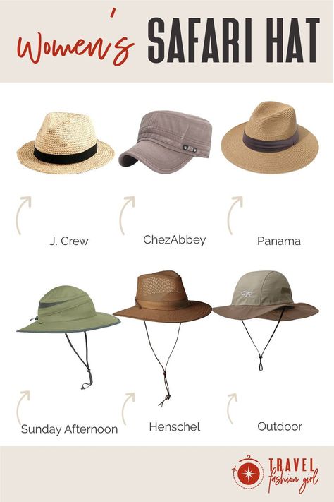 Safari hats are a great all around option for a trip across the savannah or a hike through a national park. Our readers give you their top recommendations of comfy (and stylish) headwear to choose from! Click through to see more about! #TravelFashionGirl #TravelFashion #TravelAccessories #safariclothing #safarifashion #safarihats Safari Park Outfits, Safari Outfit Inspiration, Stylish Safari Outfit Women, Outdoor Hats For Women, Safari Hat Women, Plus Size Safari Outfit, Safari Hat Outfit, Kenya Outfits, Safari Adventure Outfit