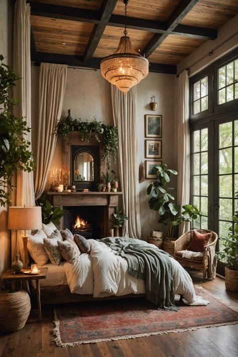 Boho Bedroom Fireplace, Boho Bedroom Window Ideas, Moody Boho Interior Design, Bedroom Fireplace Decor Ideas, Earthy Home Bedroom, Boho House Decor Bedroom, Bedroom Interior Boho, Large Bedroom Inspirations, Naturecore Bedroom