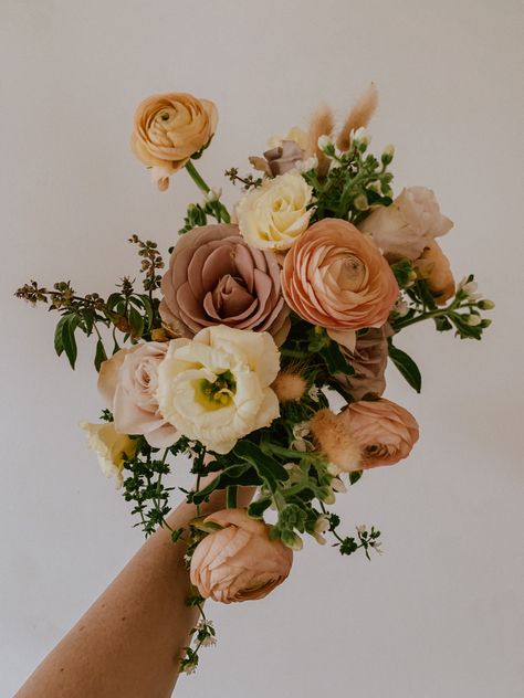 Contact us for wedding flowers! Small Fall Wedding Bouquet, Muted Fall Bouquet, Vintage Style Wedding Bouquet, Small Wedding Bouquets Spring, Fall Bridesmaid Bouquets, Ranunculus Wedding Flowers, Desert Wedding Florals, Terracotta And Pink Wedding, Terracotta Bridesmaid Bouquet