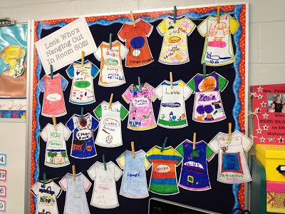 Clothesline Bulletin Board: Look Who's Hanging Out in Room 602 Clothesline Bulletin Board, Clothing Study, School Board Decoration, School House Rock, Notice Board, Welcome Back To School, Board Decoration, Clothing And Textile, Sewing Class