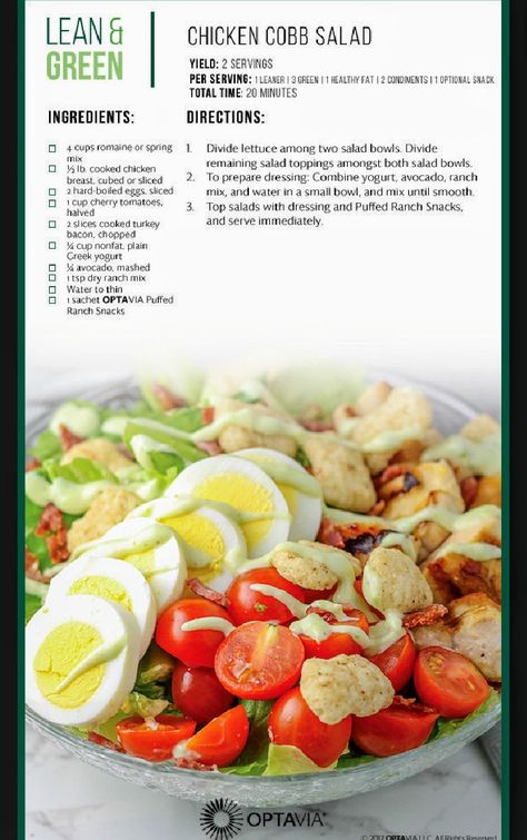 Chicken Cobb Salad, Optavia Lean And Green Recipes, Medifast Recipes, Optavia Lean And Green, Lean Protein Meals, Lean And Green, Lean Chicken, Lean Meals, Green Recipes