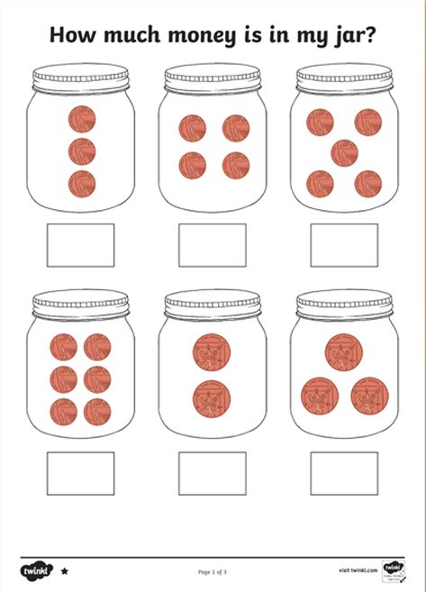 One of the key concepts of financial literacy is to learn about saving money. It is essential that children understand the importance and value of money through meaningful and familiar contexts, e.g. money in my jar, coin counting money box. Included in this set of differentiated activity sheets are a range of jars consisting of different amounts of British coins. Sign up to Twinkl to download this resource.   #maths #mathsworksheets #iteachmaths #teaching #teacher #twinkl #twinklresources Money Activities For Kindergarten, Money Activities For Kids, Jar Worksheet, Activities Sheets, Money Math Worksheets, Fun Math Worksheets, Teaching Money, Money Activities, All About Me Preschool