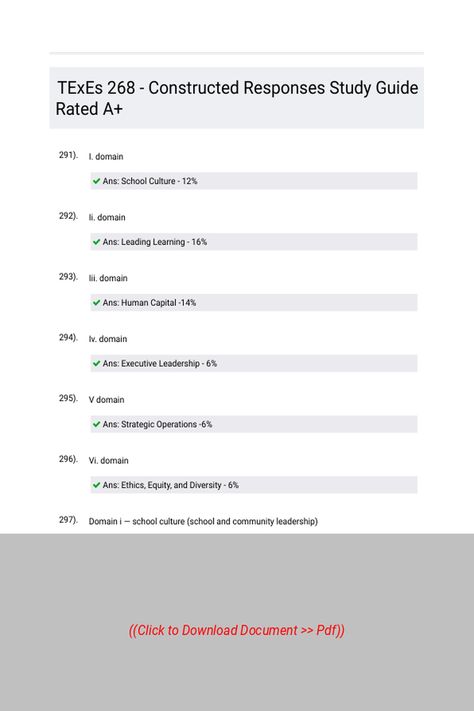 TExEs 268  Constructed Responses Study Guide Rated A 
 Follow Link above to Download the document (pdf) Constructed Response, Executive Leadership, School Culture, I School, Online Classes, Study Guide, Leadership, No Response, Writing