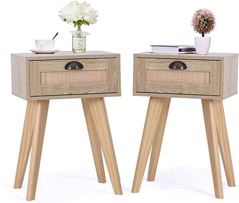 PHI VILLA Rattan Nightstands Set of 2, Mid Century Accent Table with Storage Drawer, Side Table for Small Space, Living Room Bedroom, Boho Night Stands/End Table/Bedside Table Modern Chinese Design, Mid Century Accent Table, Storage Rattan, Boho Nightstand, Boho Side Table, Drawer Bed, Drawer Side Table, Bedside Table Set, Nightstand Set