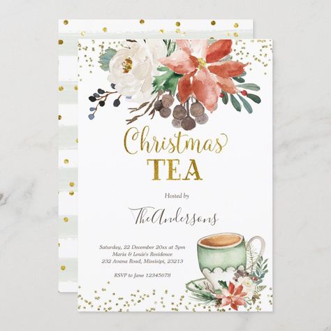 Pretty Christmas Tea Party Invitation Christmas Tea Party Invitations Printable, Holiday Tea Party, Christmas Bridal Shower Invitations, Tea Party Baby Shower Invitations, Tea Party Cookies, Christmas Bridal Showers, Christmas Tea Party, Holiday Tea, Tea Party Invitations