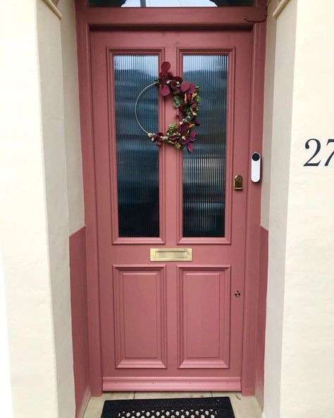 Bright Painted Front Doors, Rose Pink Front Door, Deep Pink Front Door, Coloured Door Exterior, Mauve Front Door Colors, Brown House Pink Door, Dusky Pink Front Door, Pink Front Door Tan House, Dark Pink Front Door