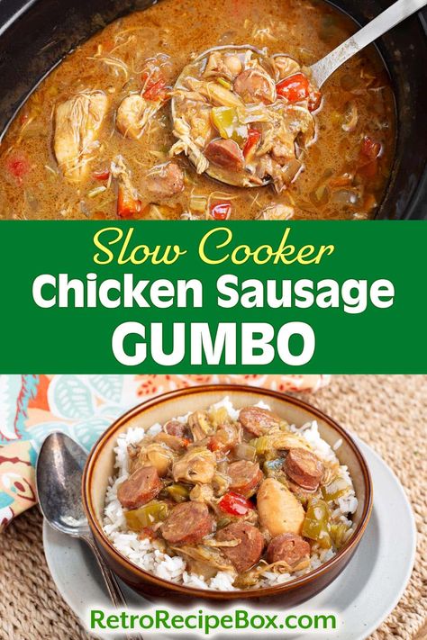 Slow Cooker Chicken Sausage Gumbo recipe is a dish that epitomizes Southern comfort food. Delicious Slow Cooker Chicken Sausage Gumbo will fill your kitchen with delectable smells and give you a fabulous meal. There's nothing quite like a warm bowl of crockpot gumbo to transport you to the heart of New Orleans. crock pot gumbo recipe, retrorecipebox.com, crockpot dinners, slow cooker dinners, homemade gumbo, easy gumbo Crockpot Gumbo Chicken And Sausage, Slow Cooker Chicken And Sausage Gumbo, Sausage Gumbo Recipe Crock Pots, Chicken Sausage Gumbo Soup, Crockpot Recipes Gumbo, Crock Pot Gumbo Recipe, Crockpot Chicken Gumbo, Crockpot Gumbo Recipe Slow Cooker, Chicken Sausage Gumbo Crockpot