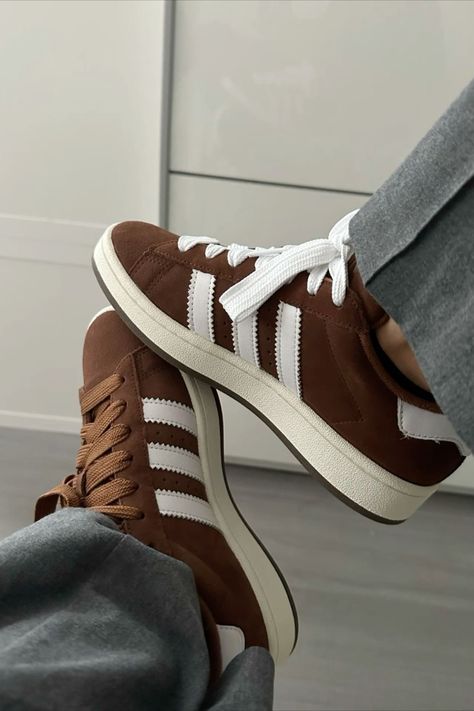 these are not a need, they are a want. Brown Campus 00s, Brown Adidas Campus, Brown Shoes Aesthetic, Brown Campus, Brown Adidas, Campus Adidas, Female Sneakers, Adidas Campus 00s, Shiny Shoes