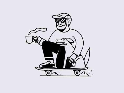 Doodle Graphic Design Illustrations, Coffee Line Art Illustrations, Dog Drinking Coffee Illustration, Skateboard Ideas Design, Coffee Illustration Graphics, Graphic Tee Design Ideas, Cash Illustration, Coffee Illustrations, Illustration Tshirt