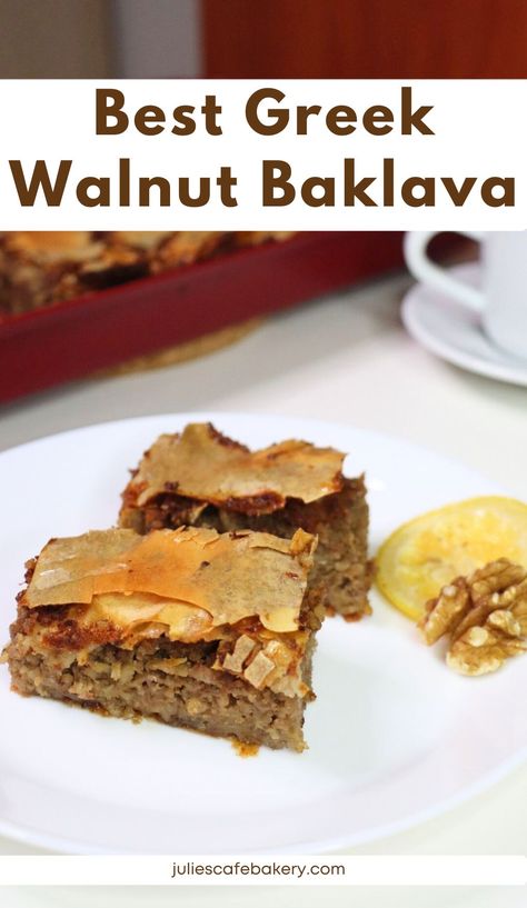 Easy Greek Walnut Baklava recipe Walnut Baklava, Greek Baklava, Greek Dessert, Greek Recipes Dessert, Holiday Desserts Table, Greek Desserts, Flaky Pastry, Festive Treats, Thanksgiving Desserts