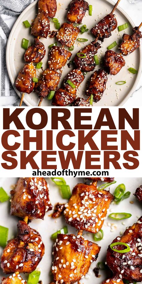 Korean Chicken Skewers Chicken Sate Skewers, Korean Chicken Kabobs, Chicken Thigh Recipes Skewers, Korean Skewers Street Food, Chicken Skewer Meal Prep, Korean Bbq Skewers, Chicken Shish Kabobs Oven, Skweres Recipe, Korean Chicken Skewers