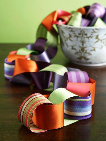 Craft project for WP. Good for leftover ribbon & something residents could help with! Decorating With Ribbon, Ribbon Projects, Colorful Ribbon, Homemade Christmas Decorations, Paper Chains, Holiday Signs, Handmade Christmas Decorations, Christmas Door Decorations, Ribbon Crafts